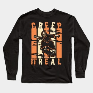 Creep It Real Spooky Halloween Skeleton Skateboarding Skater Long Sleeve T-Shirt